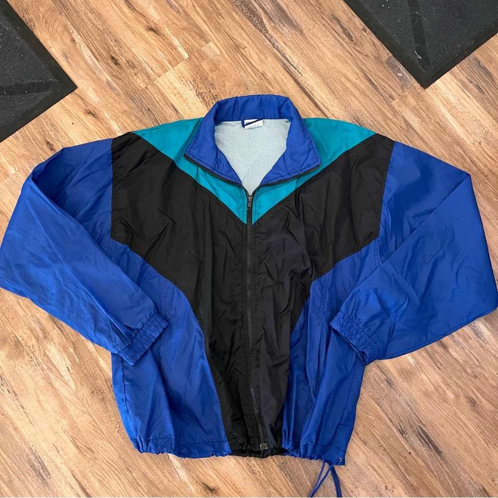 Mens vintage 90s cheetah full zip color block windbreaker jacket sz L blue
